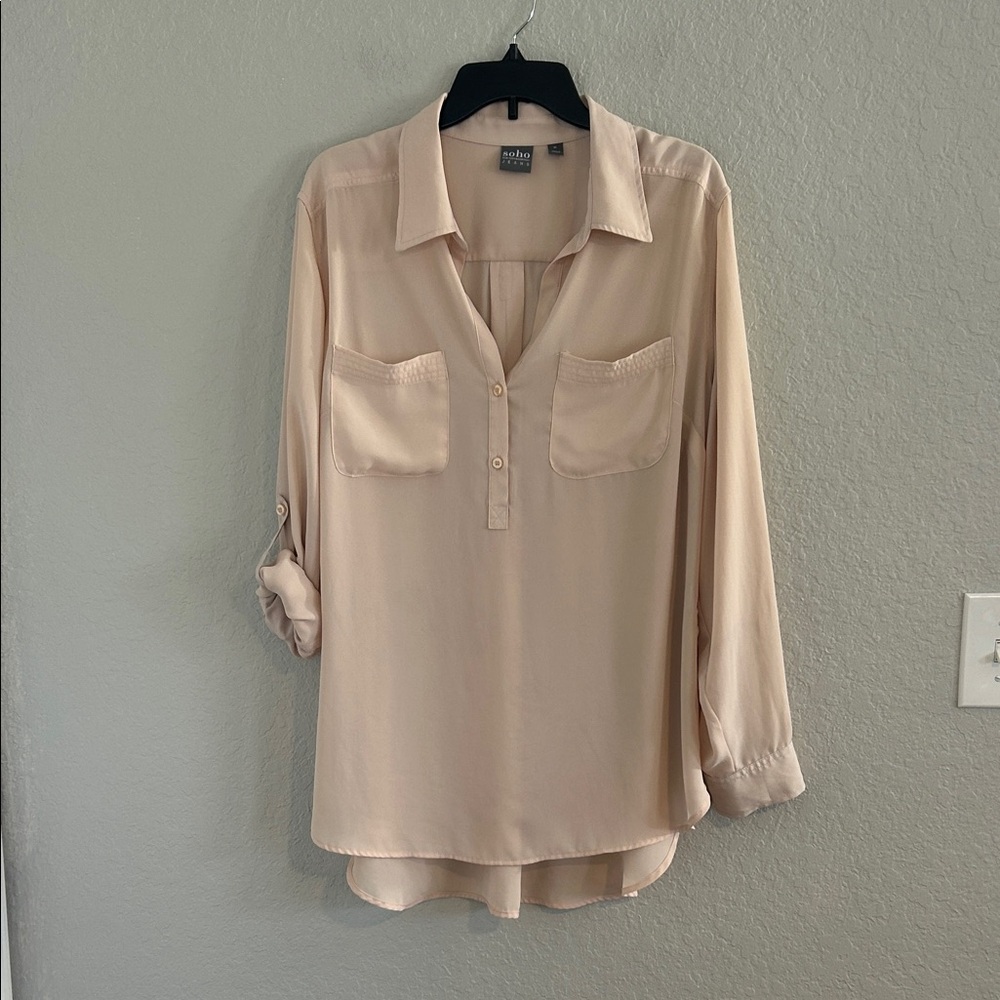 New York & Company Blush Cream Long-Sleeve Split-Neck Blouse
